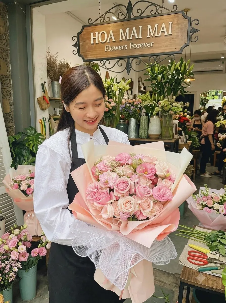 Bó hồng pastel phối thạch thảo tại Bình Phước