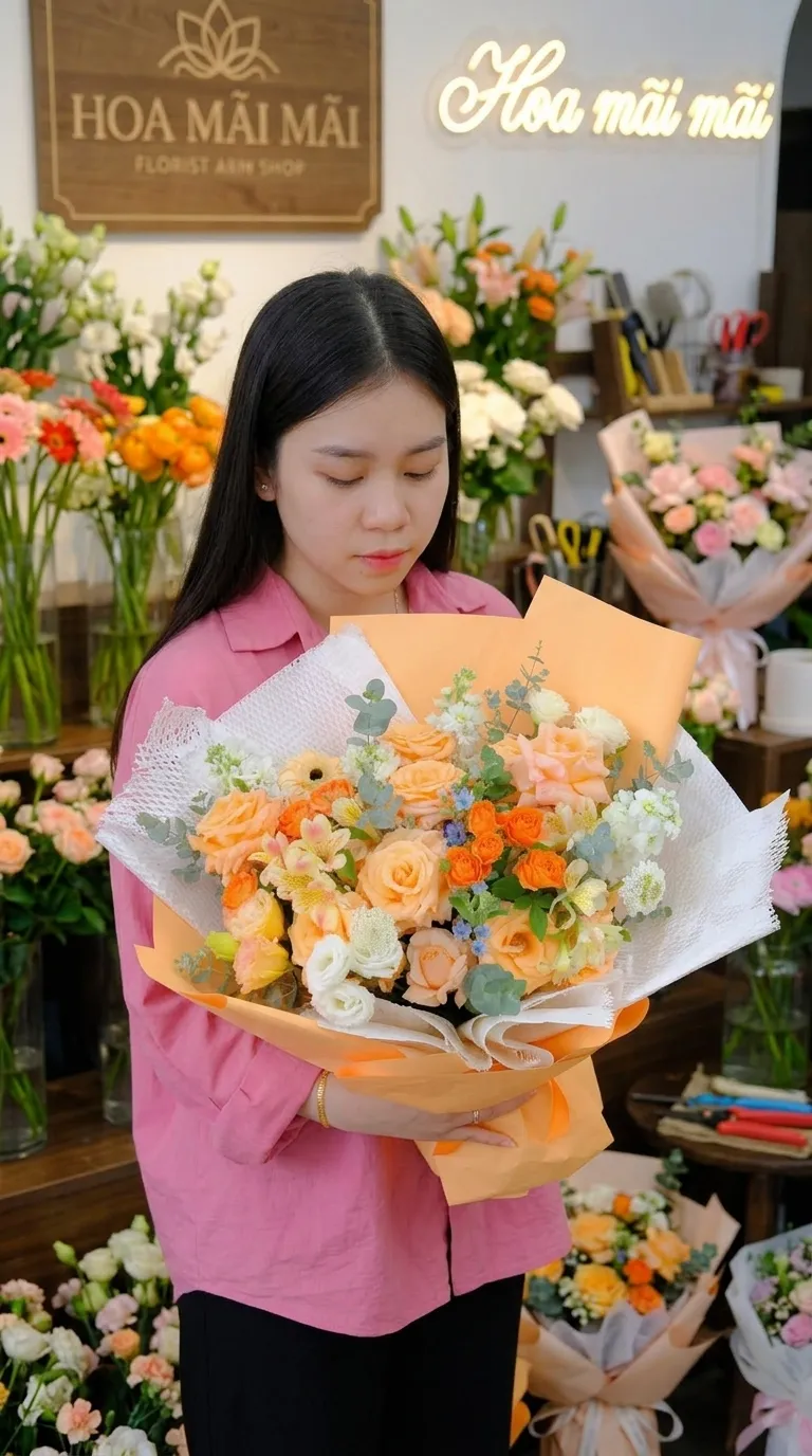 Bó hoa hồng cam gói giấy pastel tại Huyện Lộc Ninh, Bình Phước