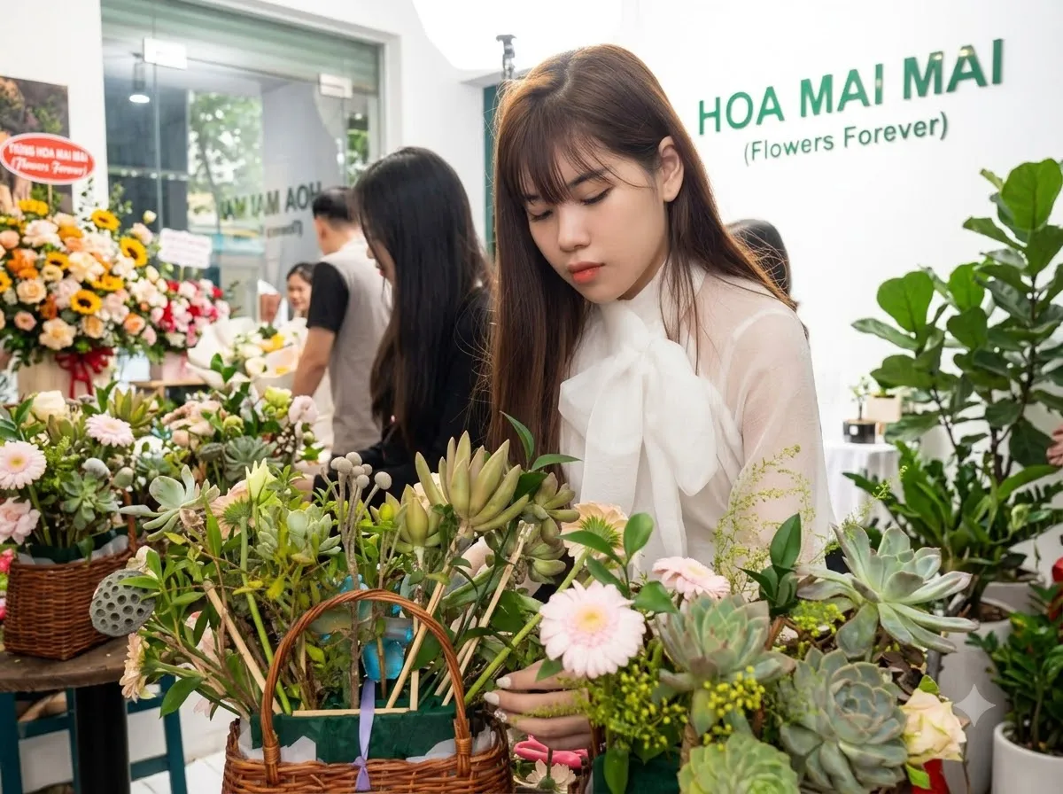 Giỏ hoa phối sen đá và cúc đồng tiền tại Huyện Vị Xuyên, Hà Giang