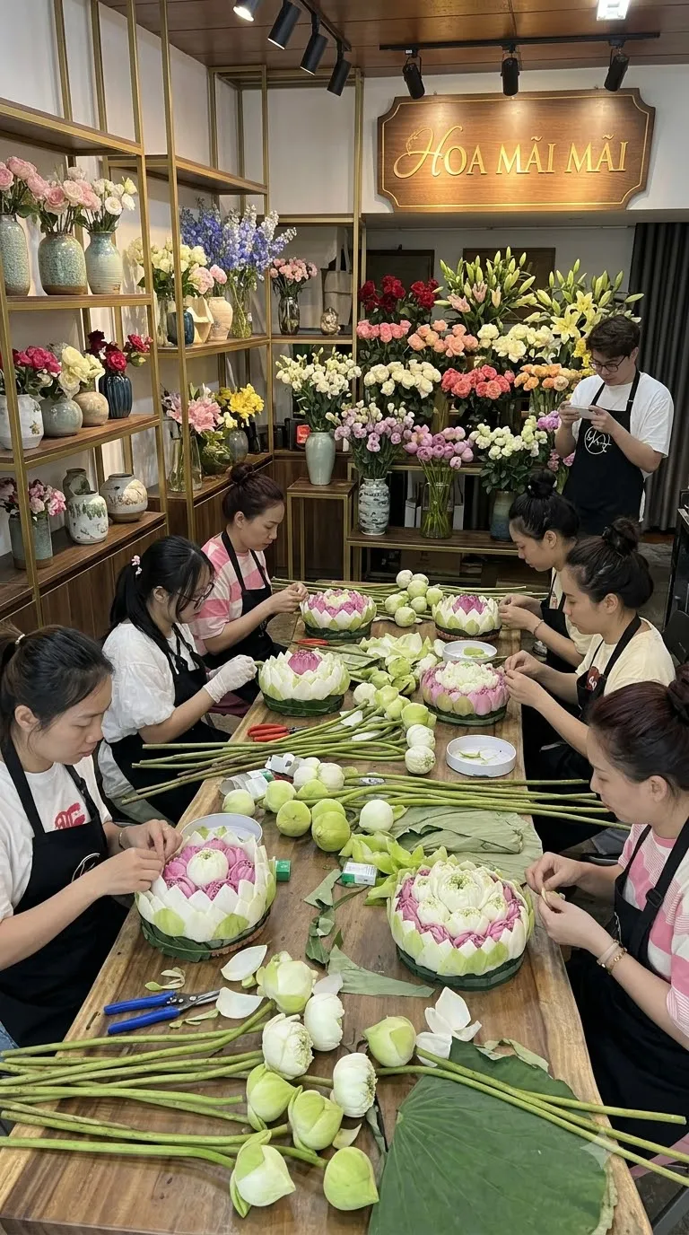 Xưởng gói hoa sen của shop hoa tươi tại Huyện Đắk Glei, Kon Tum