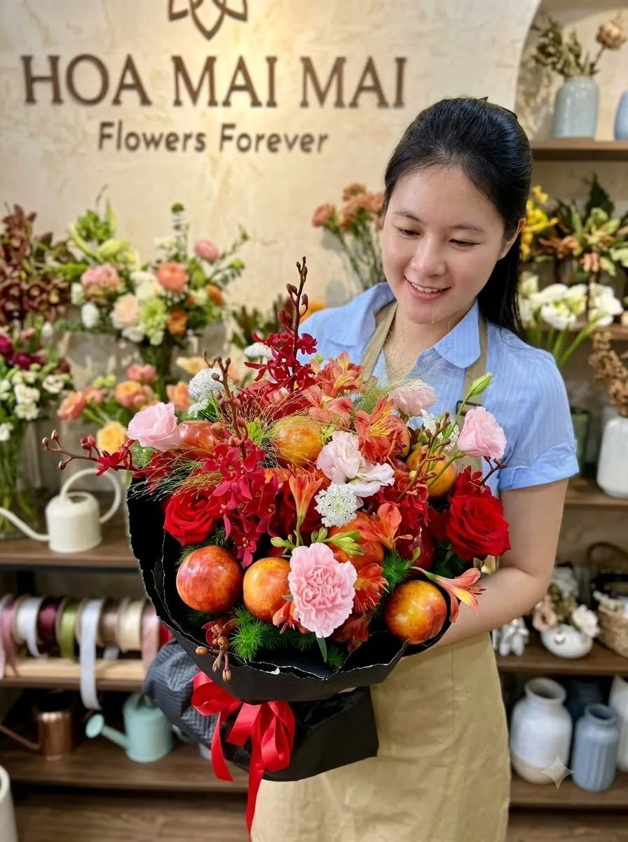 Bó hoa tông cam đỏ gói giấy đen tại Thị Xã Nghĩa Lộ, Yên Bái