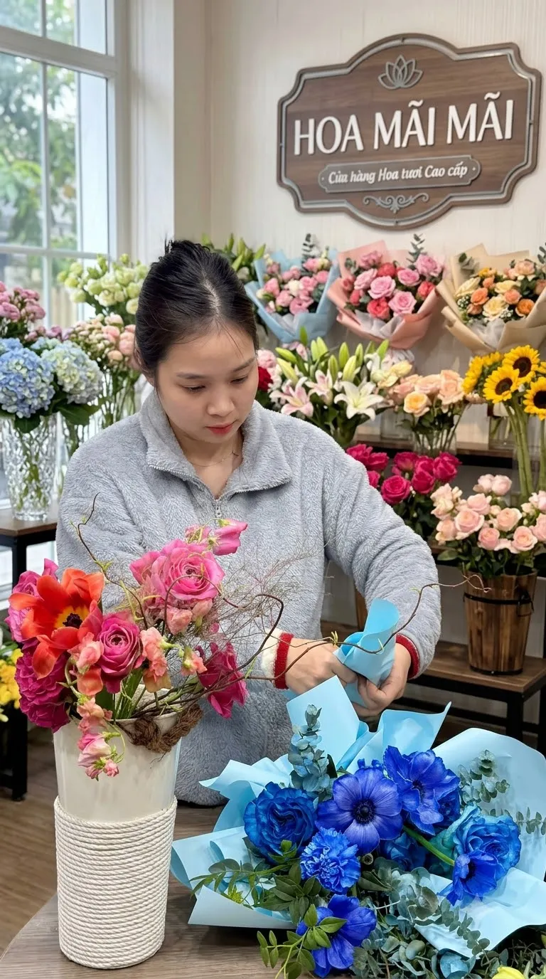 Thợ hoa đang gói bó hoa xanh dương tại Thọ Xuân, Thanh Hóa
