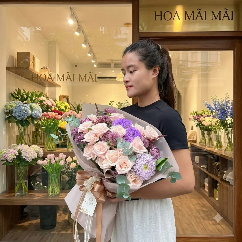 Bó hoa hồng kem điểm cúc tím tại Thái Bình