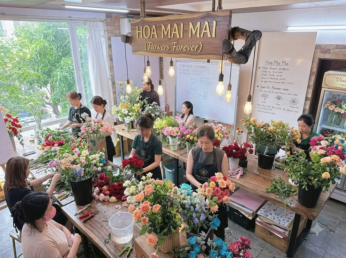 Xưởng cắm hoa tươi của cửa hàng tại Quận Hà Đông, Hà Nội
