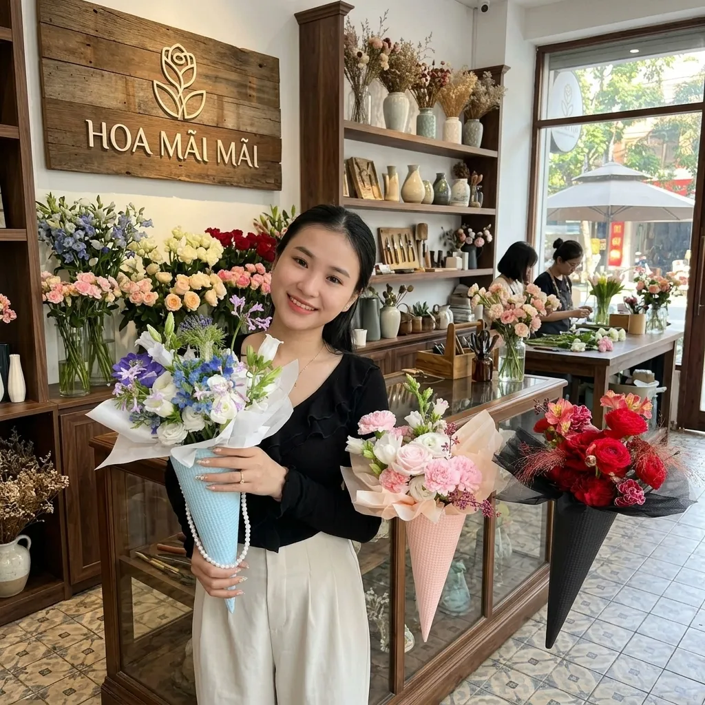Bó hoa gói giấy tông xanh hồng tại Đường Tân Kỳ Tân Quý, Hồ Chí Minh