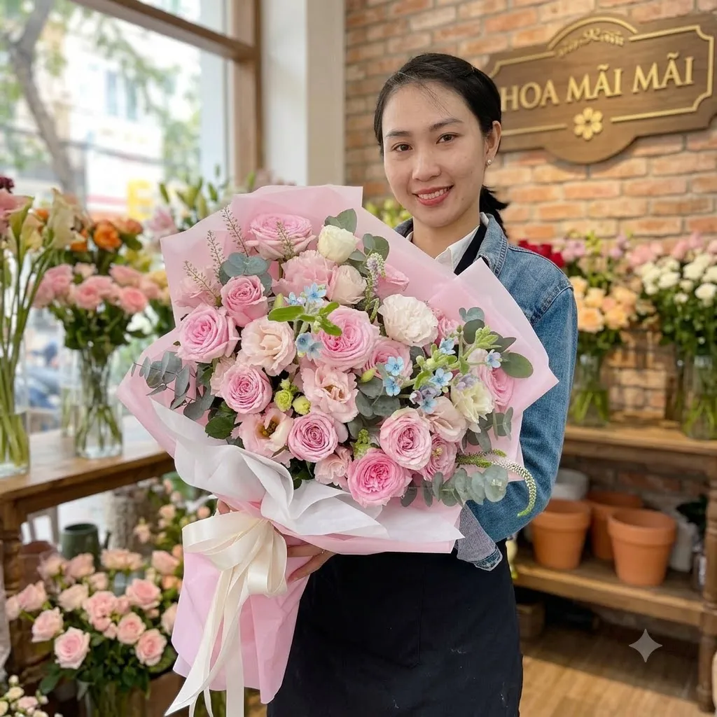 Bó hoa hồng phối cát tường tông hồng tại Bắc Yên, Sơn La