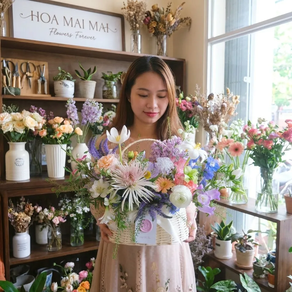 Giỏ hoa mây tông pastel tại Thị Xã Nghĩa Lộ, Yên Bái