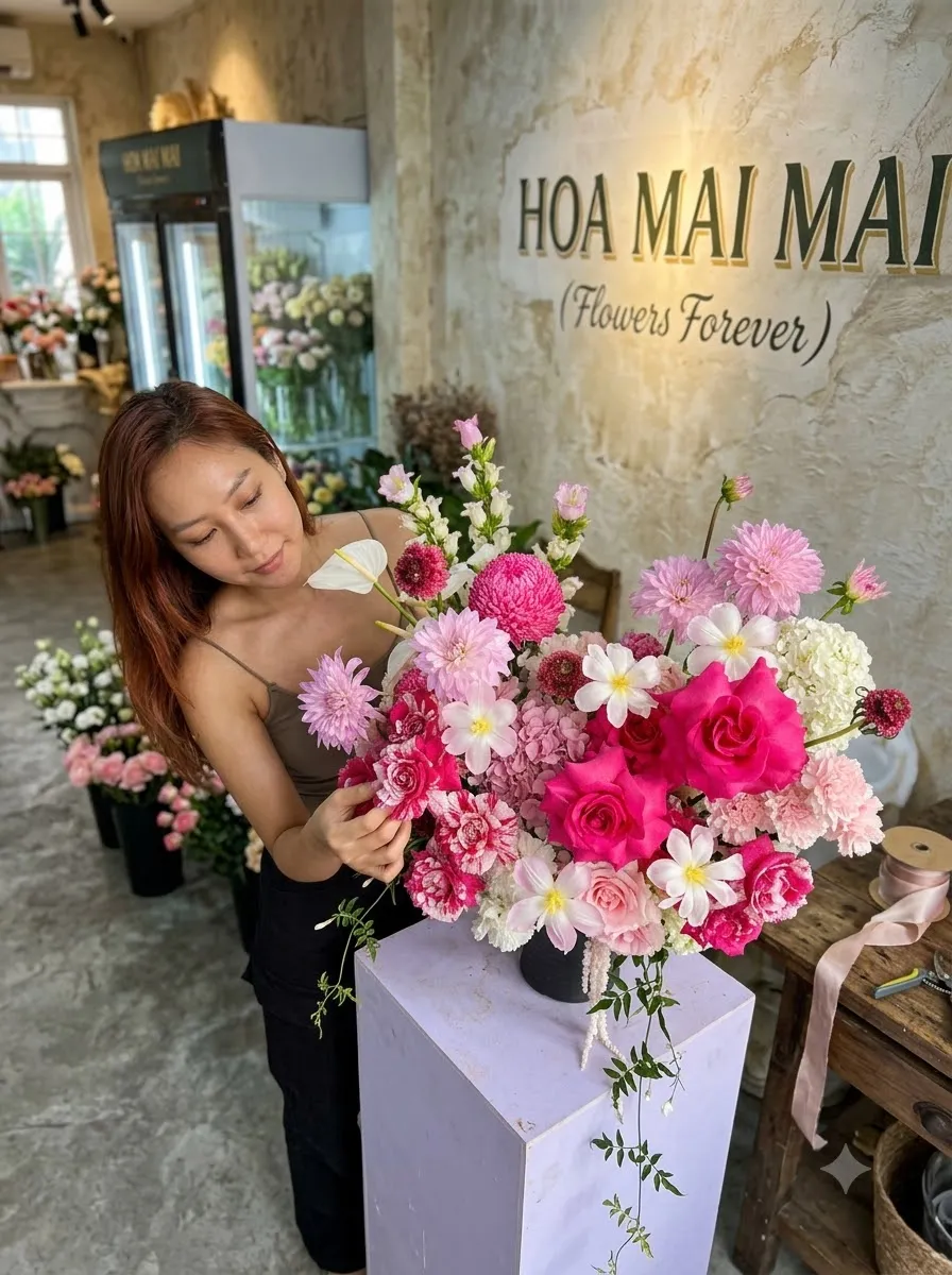 Lẵng hoa tông hồng đậm trên bục trưng bày tại Đường Nguyễn Văn Linh, Hồ Chí Minh