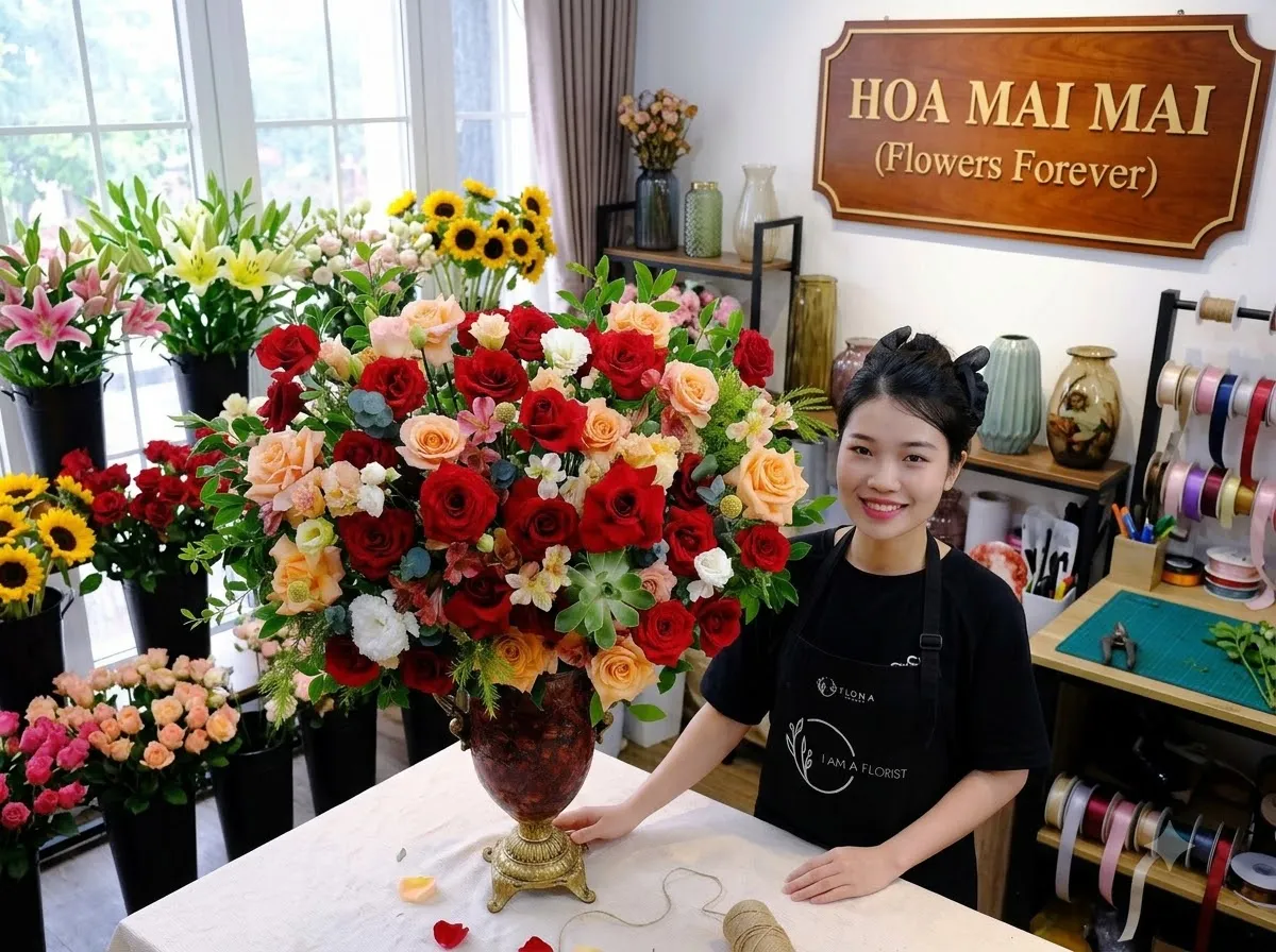 Bình hoa hồng đỏ trắng cắm cao tại Huyện Phú Hòa, Phú Yên