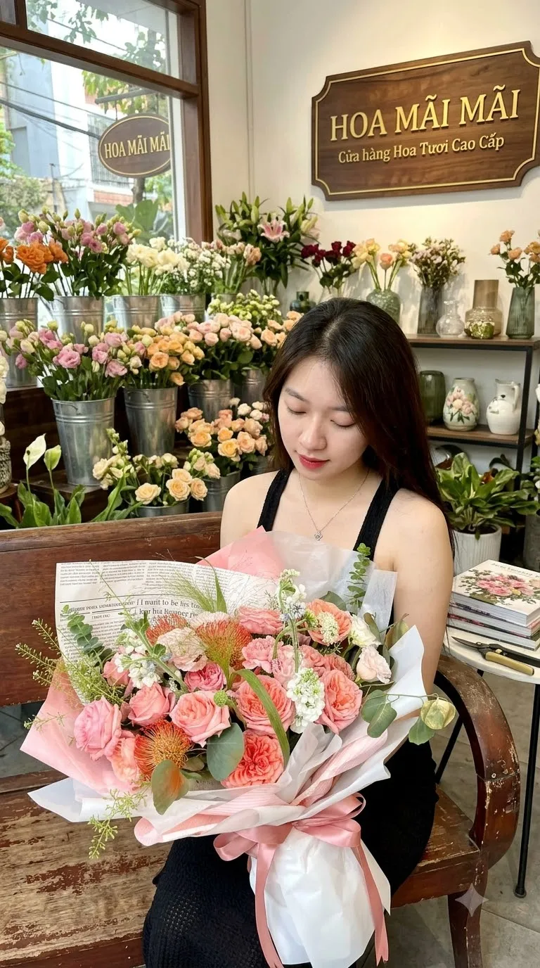 Bó cẩm chướng hồng cam gói giấy báo tại Nghĩa Hành, Quảng Ngãi