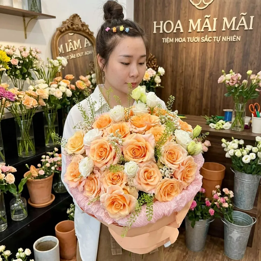 Bó hồng cam nhạt phối cát tường trắng tại Đồng Tháp