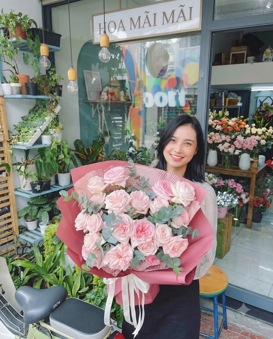 Bó hoa hồng phấn gói giấy hồng đậm tại Tân An, Long An