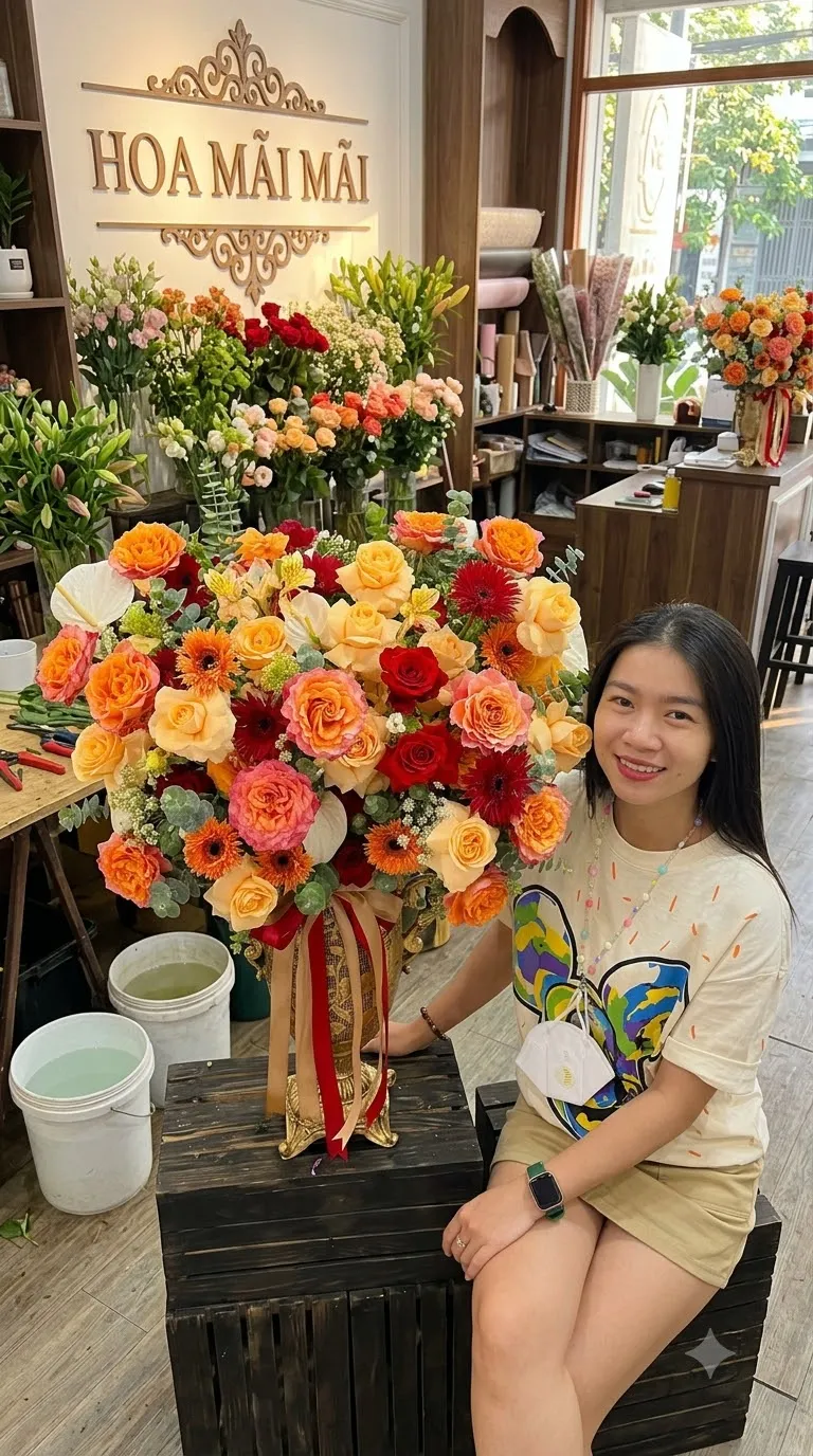Lẵng hoa khai trương tông cam vàng tại Lệ Thủy, Quảng Bình