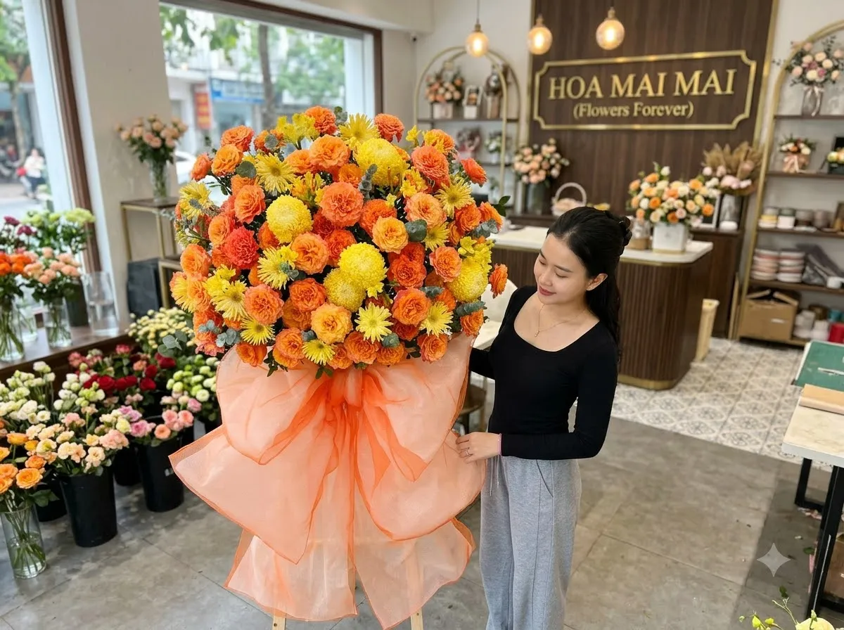 Kệ hoa cúc cam vàng thắt nơ voan tại Huyện Phú Quốc, Kiên Giang