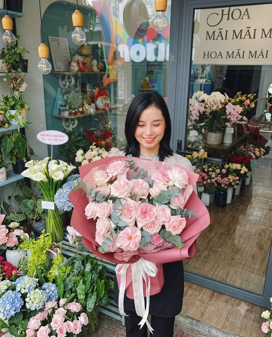 Bó hồng phấn cỡ lớn phối lá bạch đàn tại Thái Bình