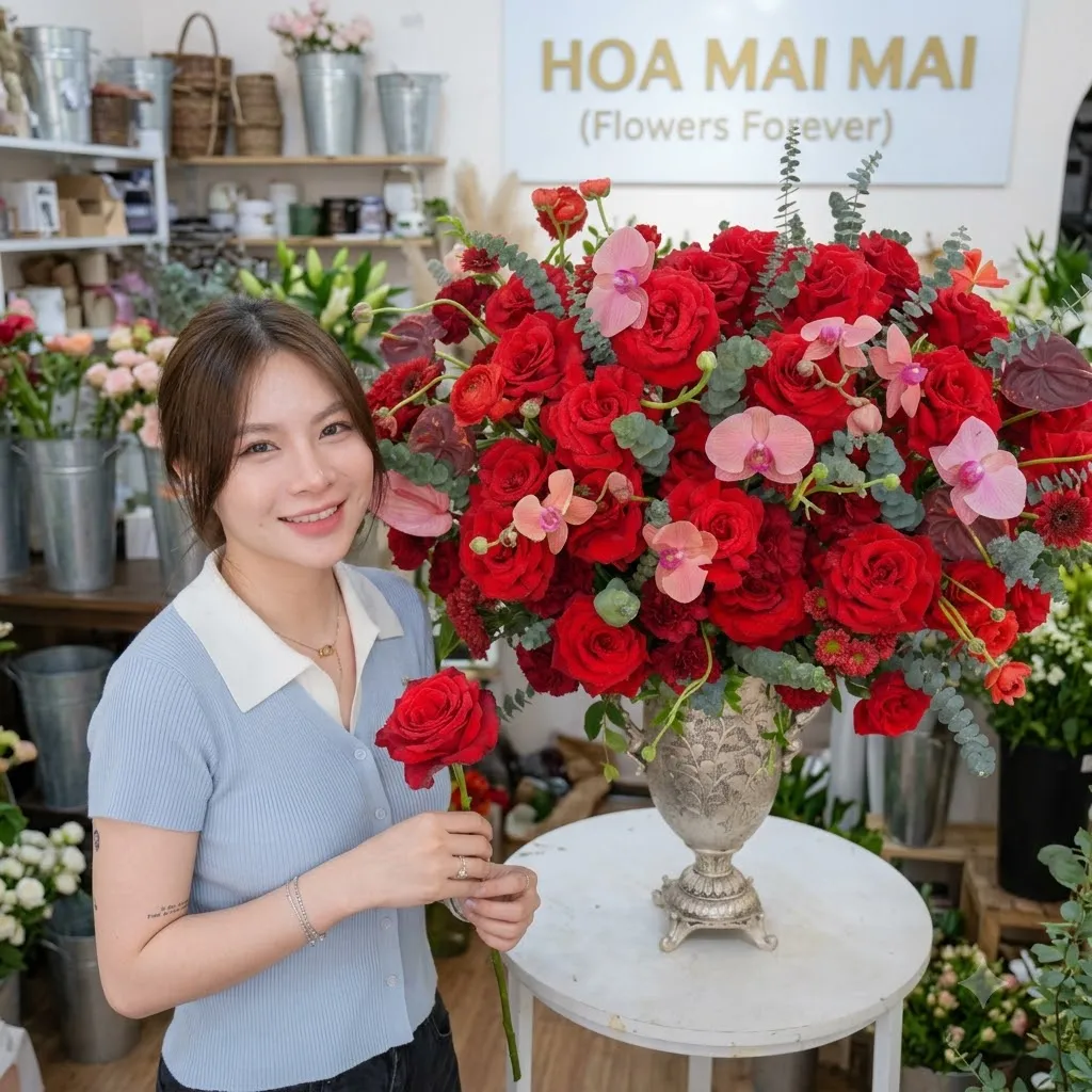 Bình hoa hồng đỏ phối lan hồ điệp tại Huyện Phú Quốc, Kiên Giang