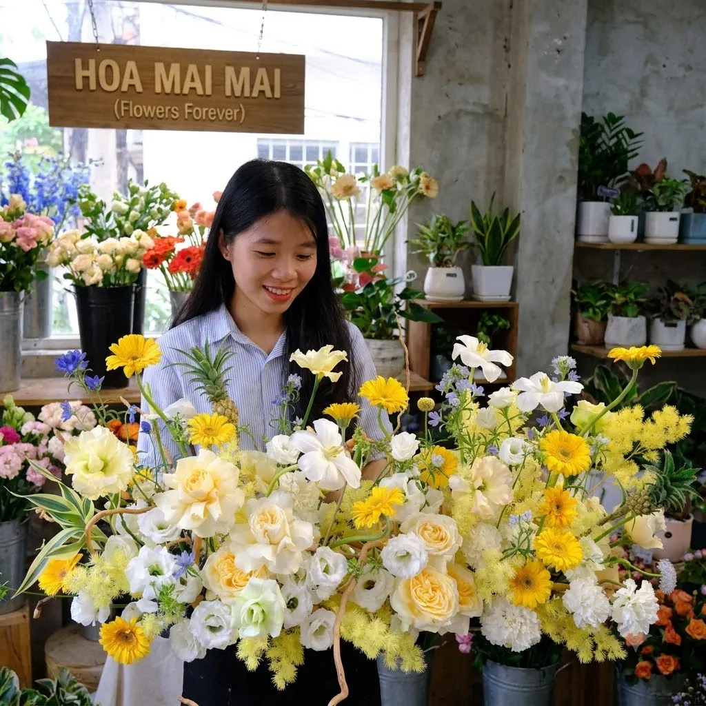 Quầy hoa tươi tông vàng trắng tại Huyện Lộc Ninh, Bình Phước