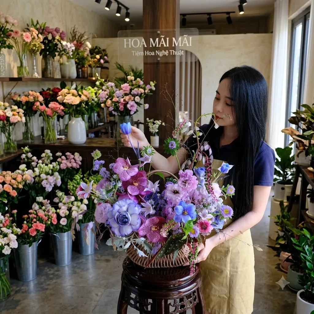 Giỏ hoa tím pastel cắm kiểu vườn tại Đường Nam Kỳ Khởi Nghĩa, Hồ Chí Minh