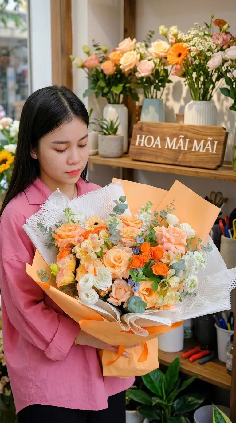 Bó hoa tông cam đào phối lá xanh tại TP HCM