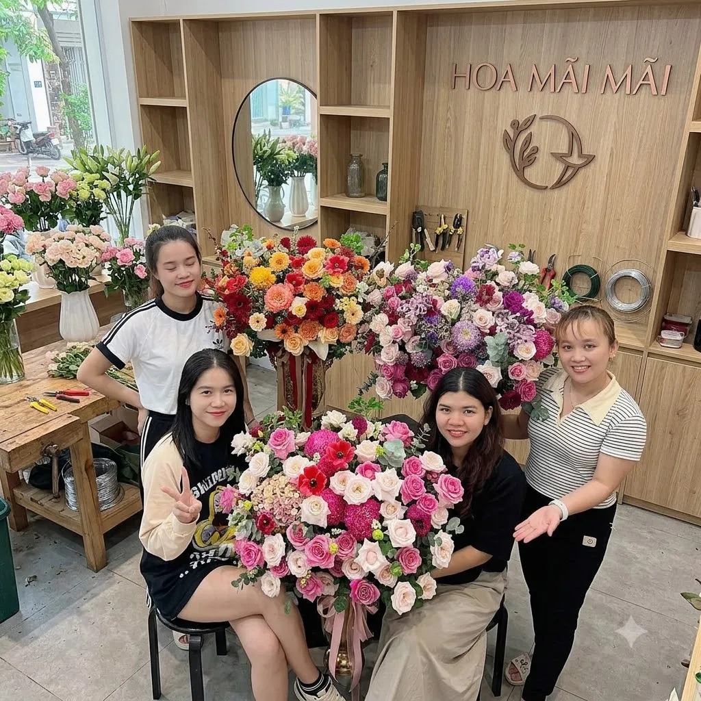 Đội ngũ tiệm hoa bên lẵng hoa lớn tại Thanh Chương, Nghệ An