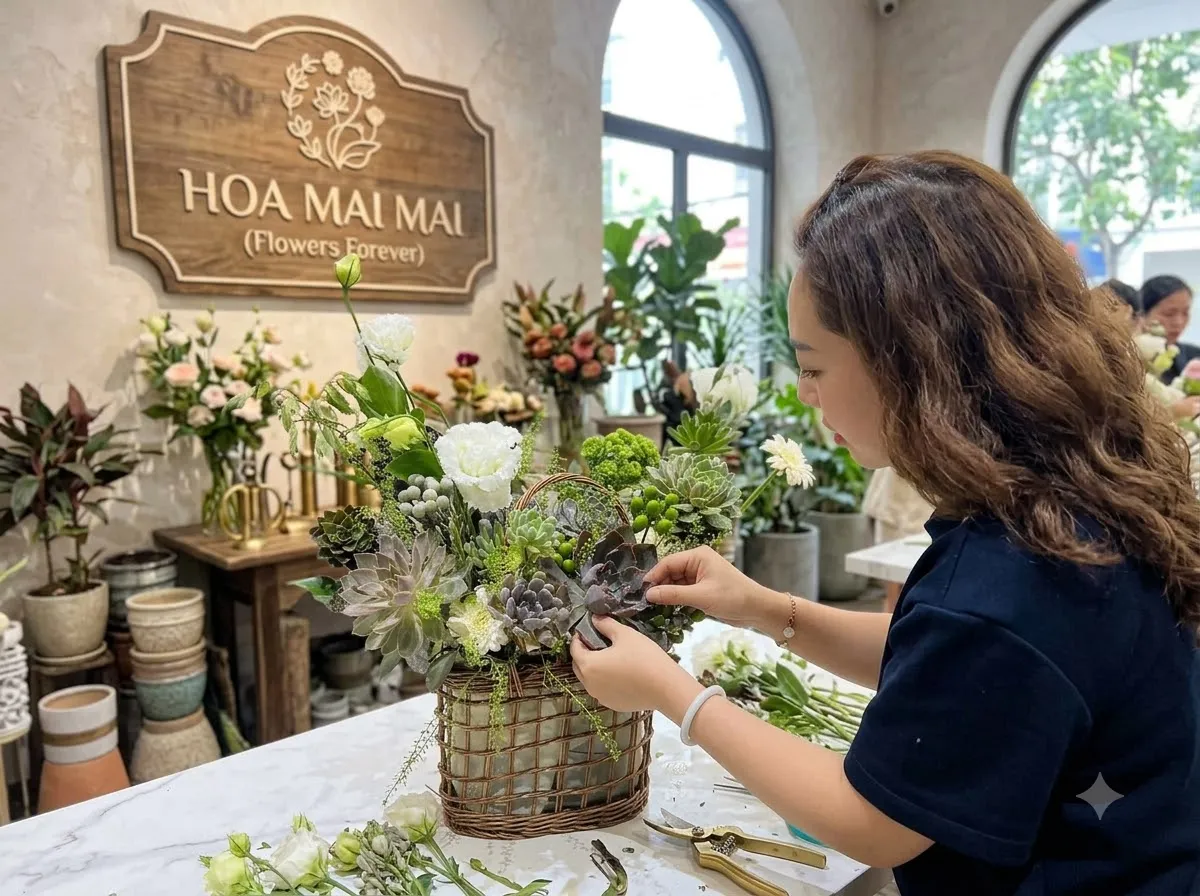 Giỏ hoa trắng xanh phối sen đá tại Đường Trần Văn Kỷ, Hồ Chí Minh
