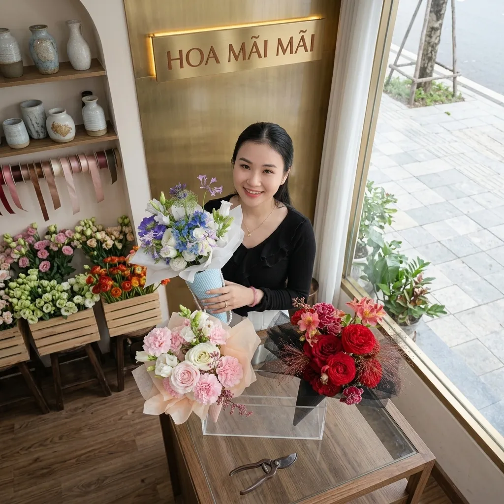 Góc gói hoa trong tiệm hoa tươi tại TP.Vinh, Nghệ An