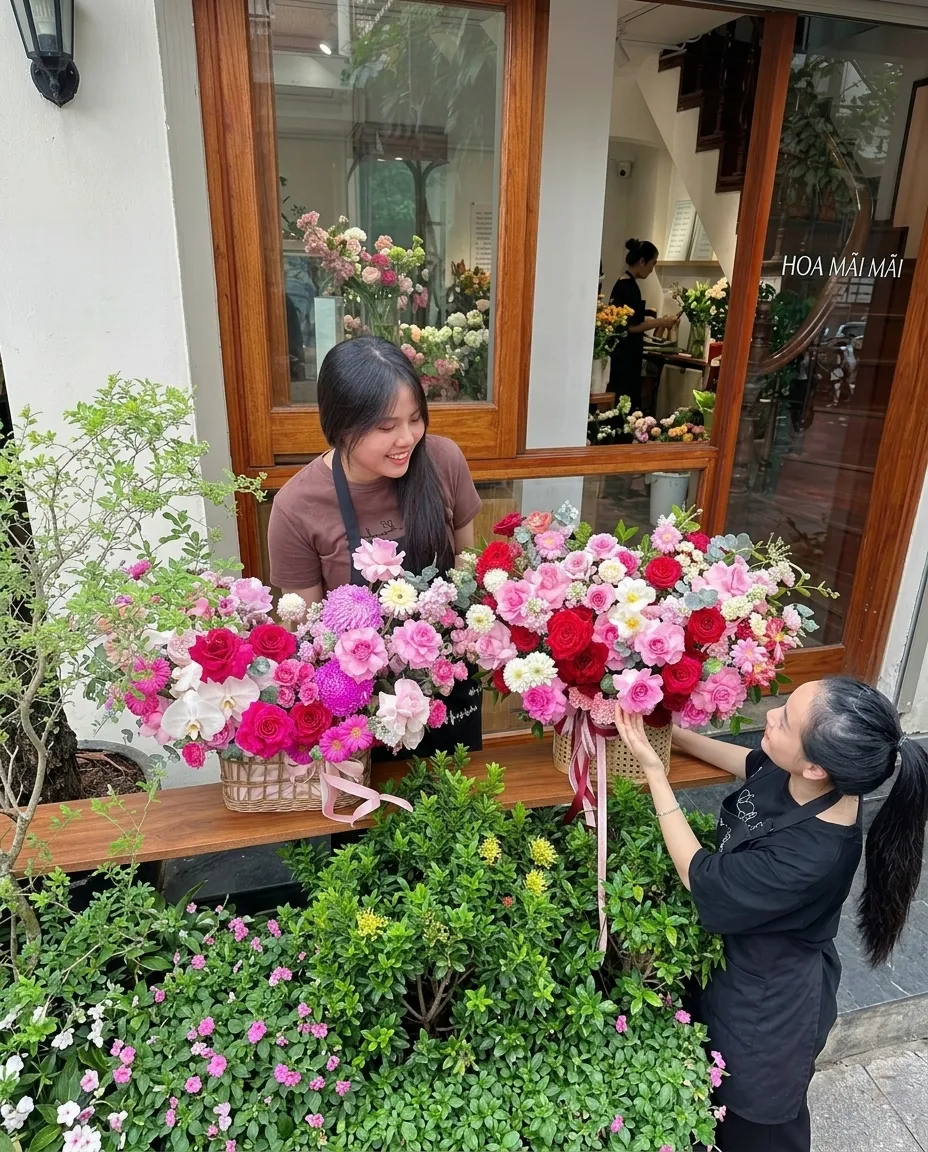 Hiên tiệm hoa với giỏ hoa hồng đỏ tại Đường Nam Kỳ Khởi Nghĩa, Hồ Chí Minh