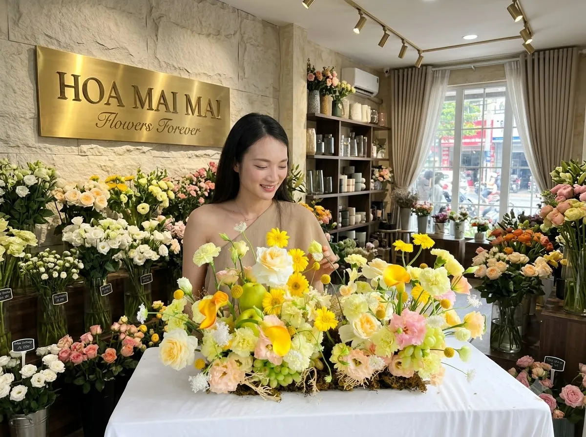 Không gian shop hoa tông vàng xanh tại Đường Nguyễn Văn Linh, Hồ Chí Minh