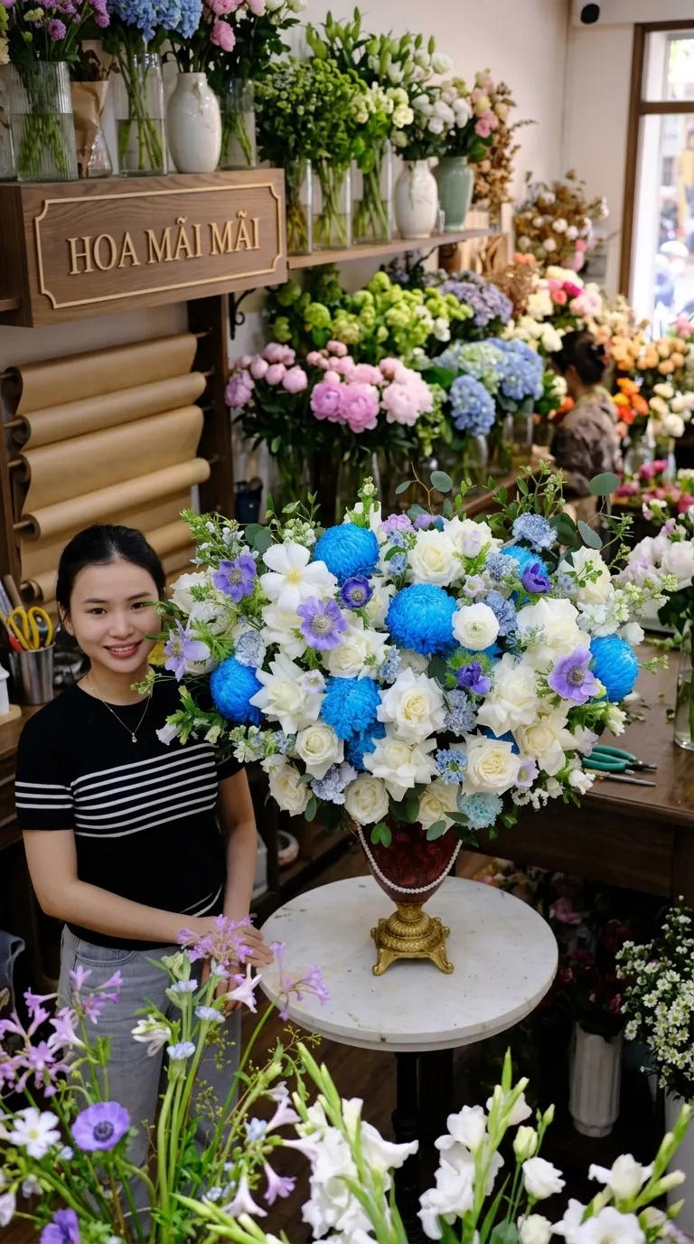 Góc trưng bày bình hoa cúc xanh tại Bắc Yên, Sơn La