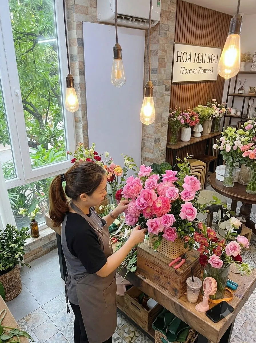 Góc cắm hoa hồng dưới đèn thả tại Sơn Tịnh, Quảng Ngãi