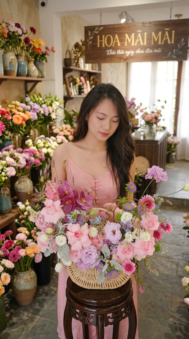 Giỏ hoa mây tông hồng tím tại Đường Phan Châu Trinh, Đà Nẵng