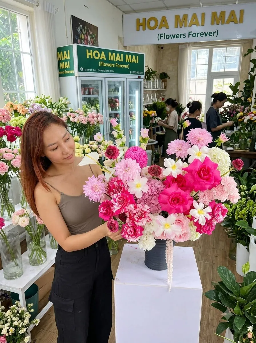 Lẵng hoa hồng đậm cạnh tủ mát tại Huyện Ba Vì, Hà Nội