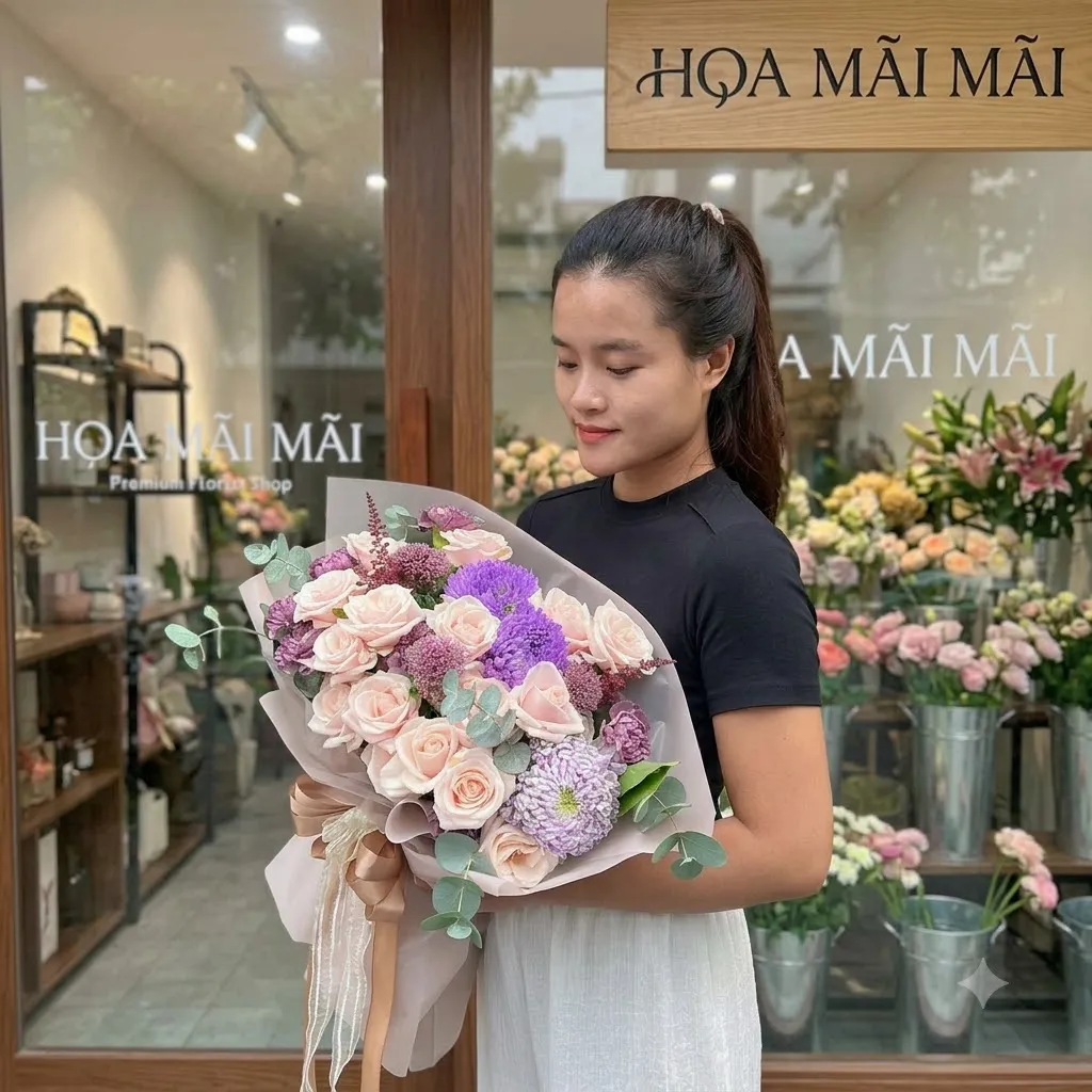 Bó hoa hồng kem phối cúc tím tại TP HCM