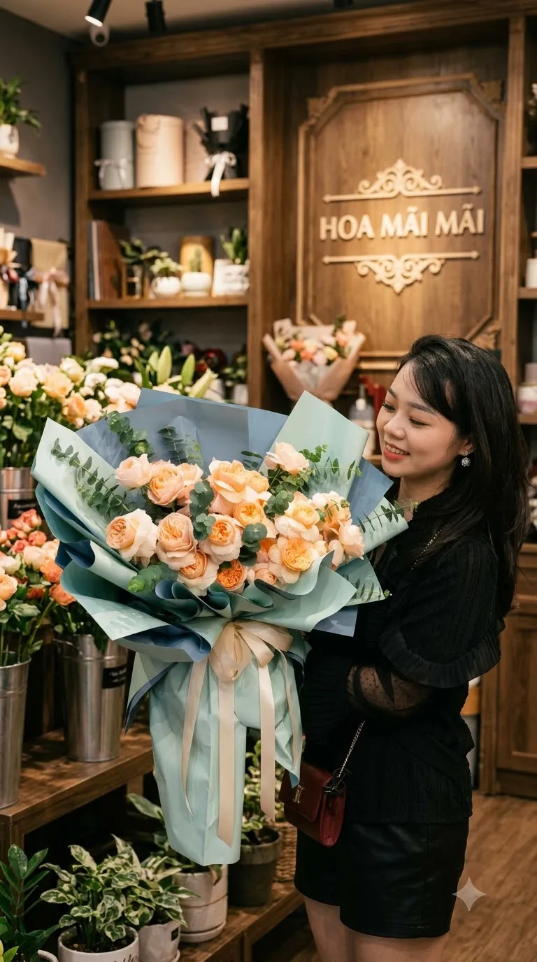 Bó hồng cam trà gói giấy xanh ngọc tại Yên Bái