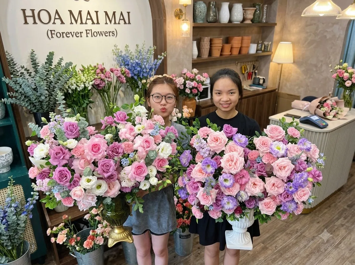 Nhân viên tiệm hoa bên bình hoa pastel tại Vĩnh Hưng, Long An