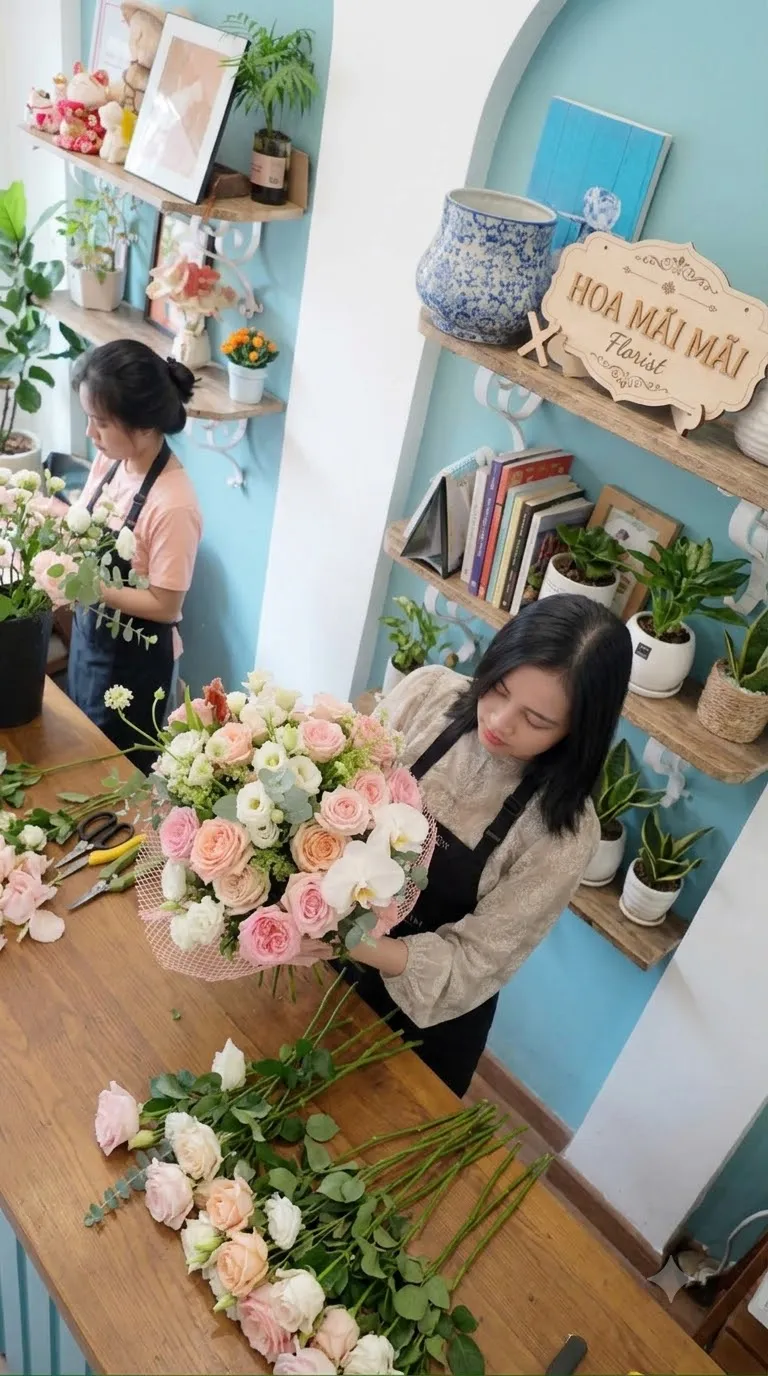 Nhân viên gói hoa trong tiệm hoa tươi tại Bồng Sơn, Bình Định