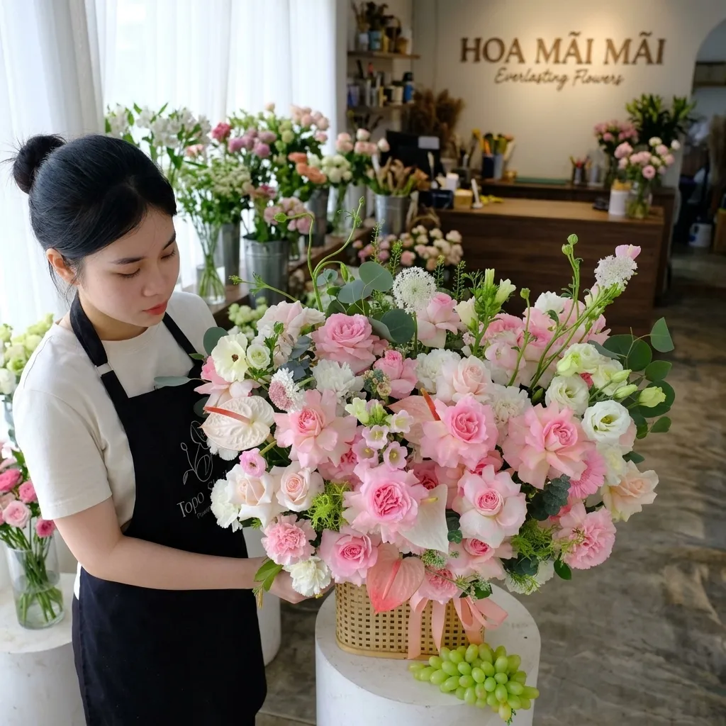 Giỏ hoa hồng phấn phối cúc trắng tại Huyện Hồng Dân, Bạc Liêu