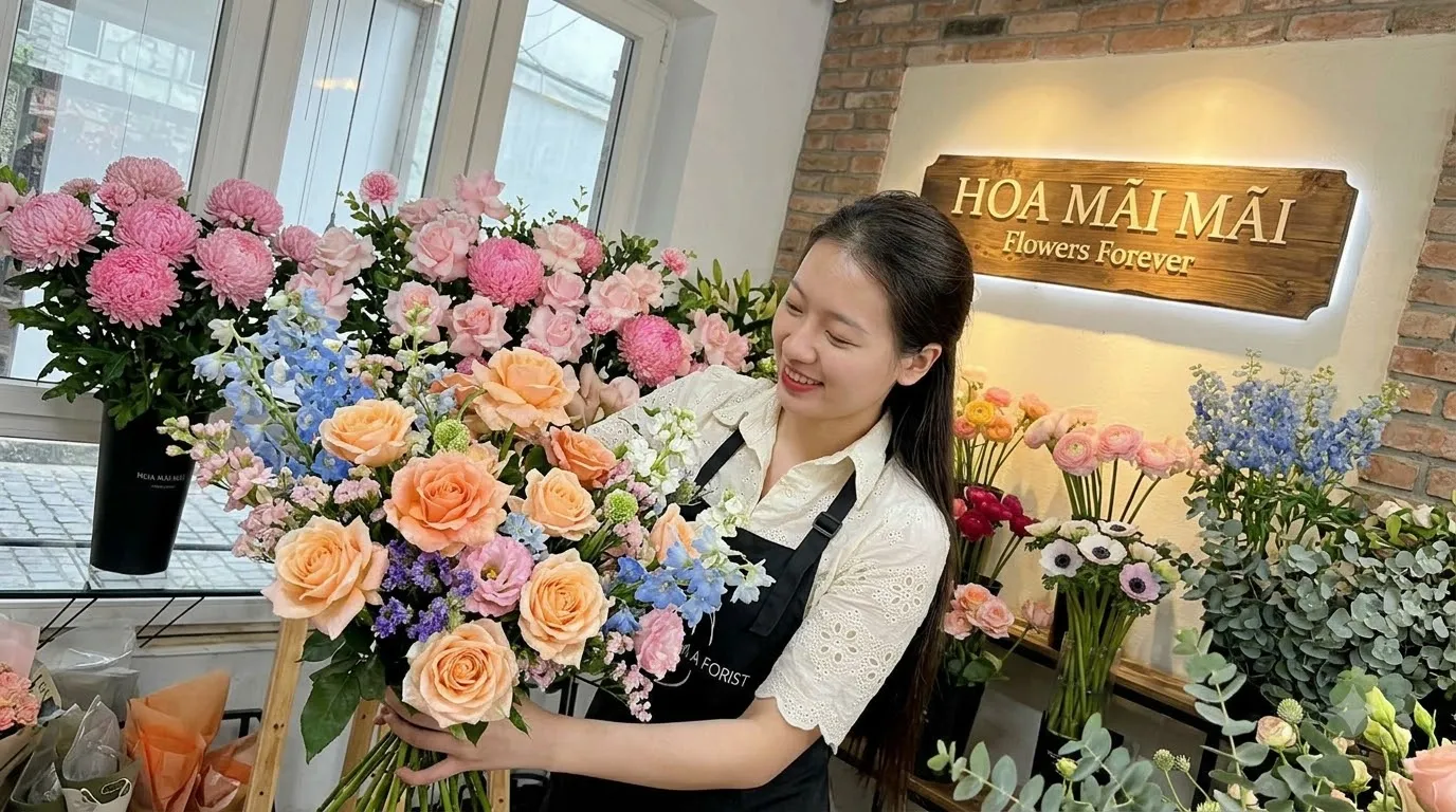 Nhân viên cắm hoa tại quầy tại Huyện Đắk Glong, Đắk Nông