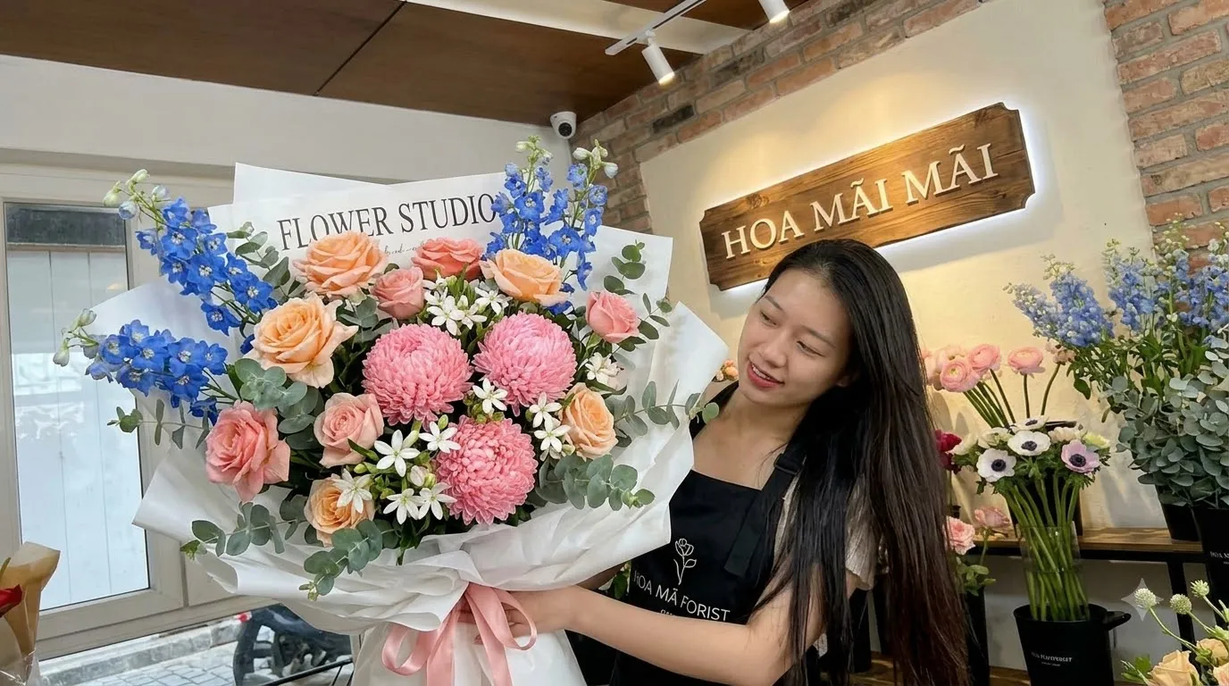 Bó hoa hồng cam phối violet xanh tại Đồng Tháp