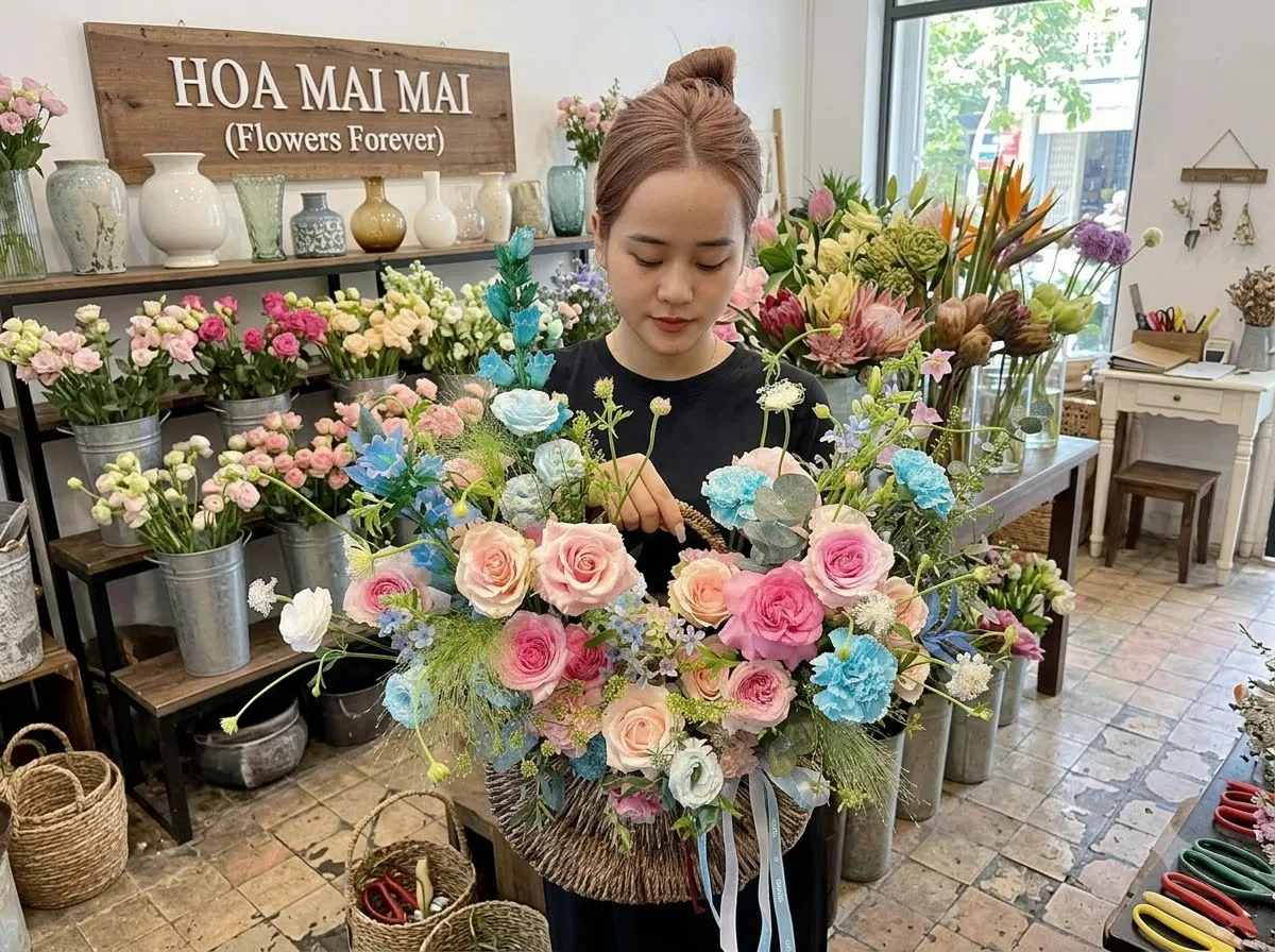 Giỏ hoa pastel phối cẩm tú cầu tại Đường Trần Văn Kỷ, Hồ Chí Minh