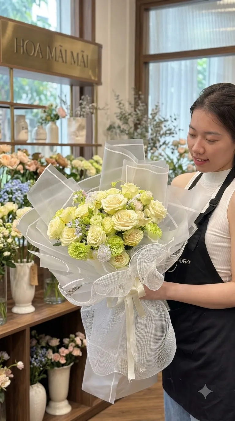 Bó hoa hồng xanh chanh gói voan trắng tại Tây Sơn, Bình Định