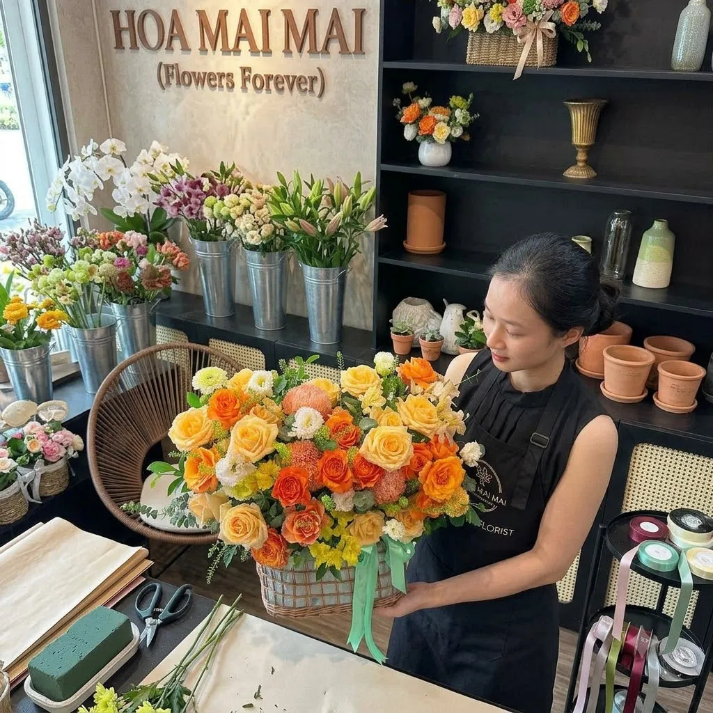 Giỏ hoa hồng cam vàng nhiều tầng tại Trà Ôn, Vĩnh Long