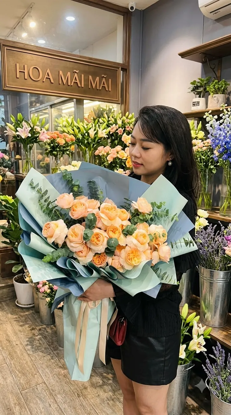 Bó hồng cam đào gói giấy xanh bạc hà tại Huyện Hồng Dân, Bạc Liêu