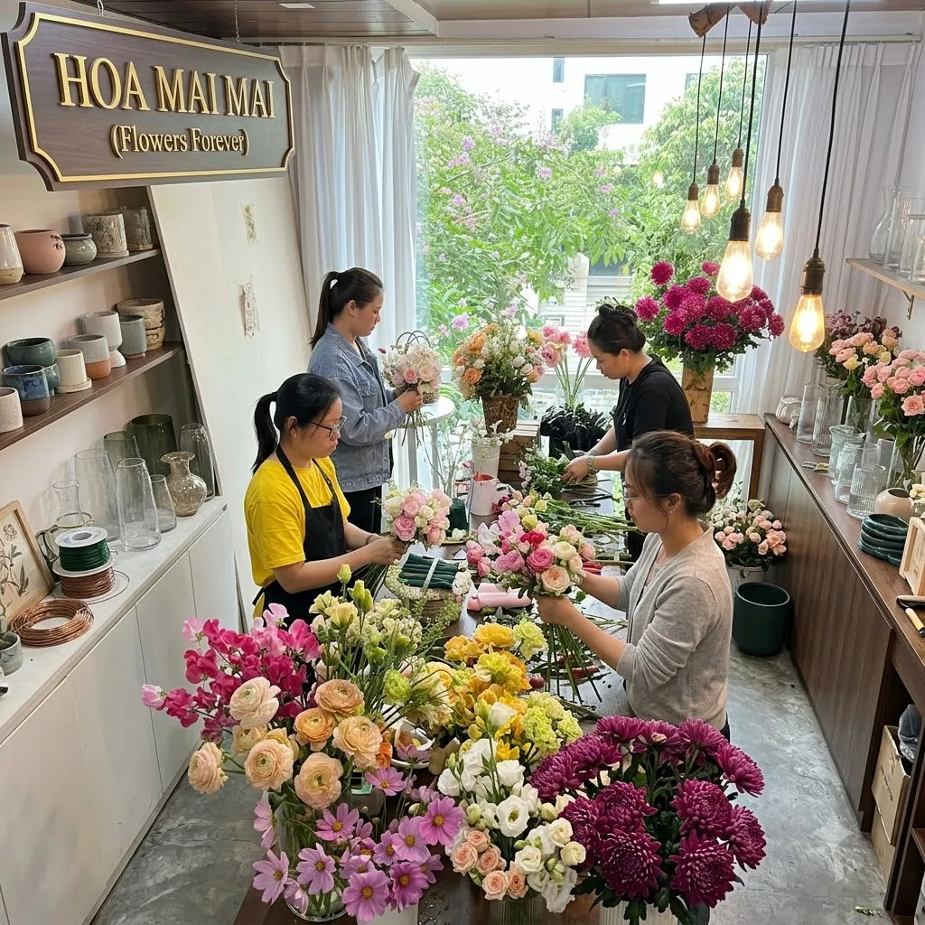 Thợ hoa cắm hoa tại bàn dài tại Trà Ôn, Vĩnh Long