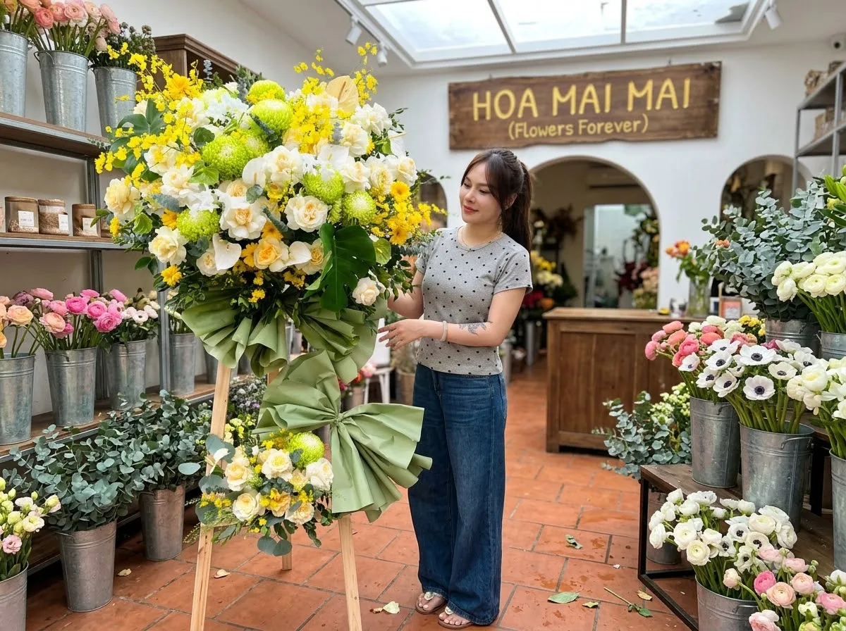 Vòng hoa viếng tông trắng vàng tại Huyện Phú Hòa, Phú Yên