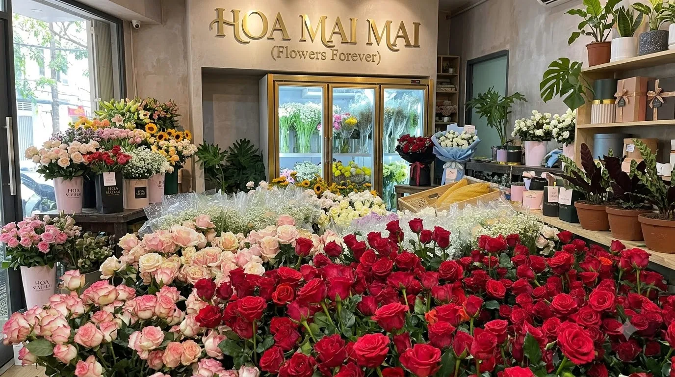 Quầy hoa hồng đỏ và hồng phấn tại Thị Xã Hương Thủy, Huế