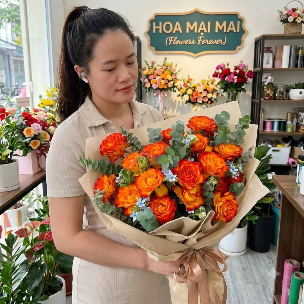 Bó hoa hồng cam gói giấy kraft tại A Lưới, Huế