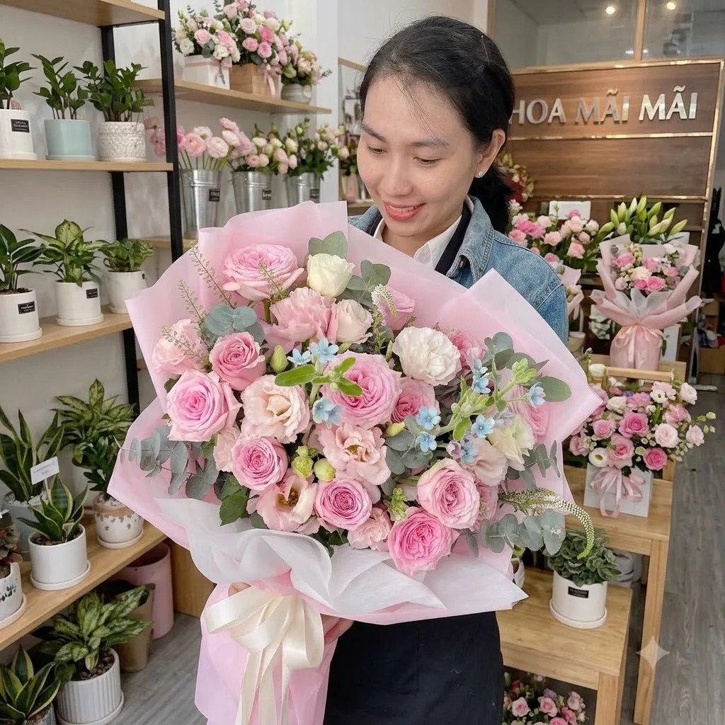 Bó hoa hồng phấn gói giấy hồng tại Đường Nam Kỳ Khởi Nghĩa, Hồ Chí Minh