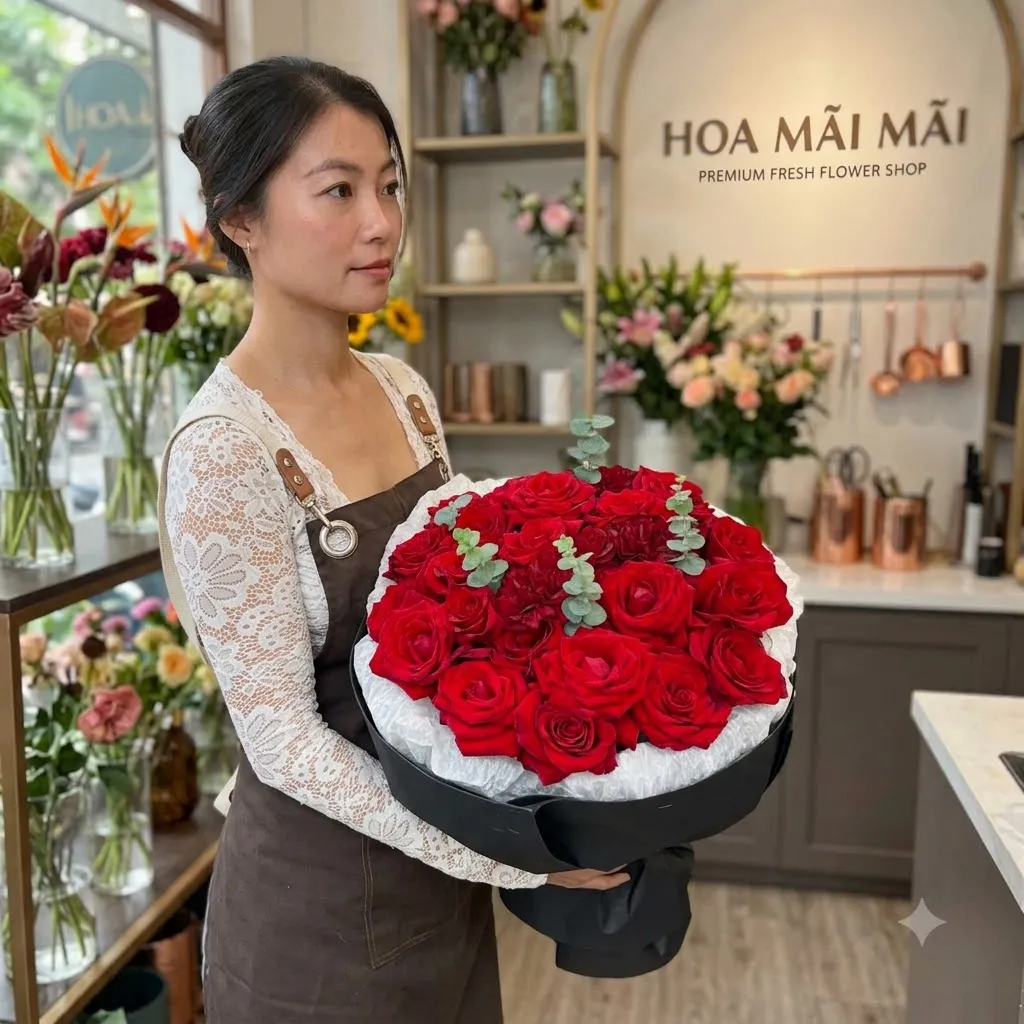 Hộp hoa hồng đỏ tròn viền trắng tại Huyện Hồng Dân, Bạc Liêu