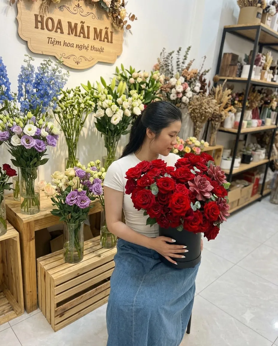 Hộp hoa tròn hồng đỏ nhung tại Kim Sơn, Ninh Bình